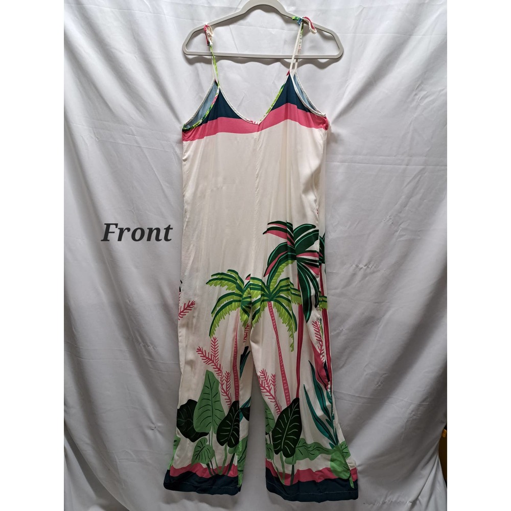 Ms Bling Summer beachy tropical  palm tree jumpsuit spaghetti straps pockets Med